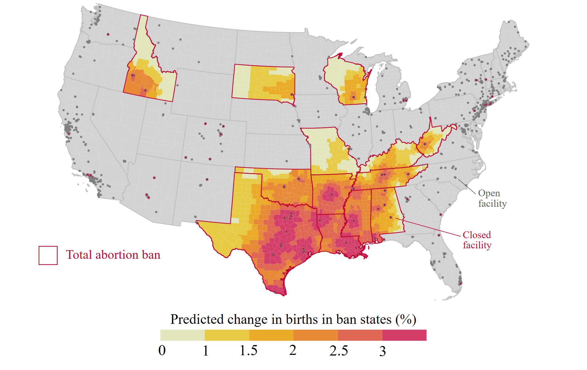 Predicted increases in births by county